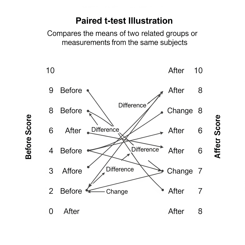 Diagram showing the concept of a paired t-test, with lines connecting each subject's "before" and "after" scores to highlight the individual differences. This visual helps to show how the test focuses on the change within each subject, which is a key aspect of a
paired t-test explained.