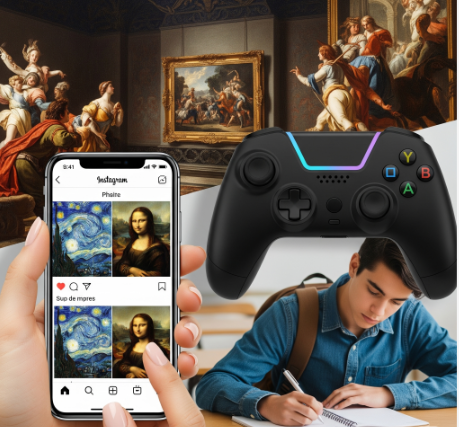 How students become involved in art history research is shown in this dynamic collage featuring a smartphone displaying classical paintings on an Instagram feed, a gaming controller, a museum artwork, and a teenage student taking notes