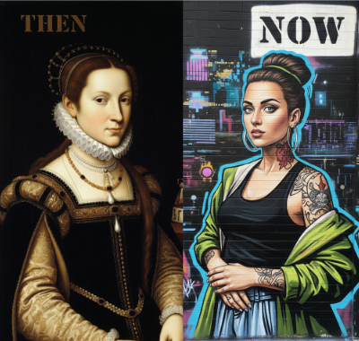 How do students become involved in art history research is visually represented in this split image that contrasts a historical artwork from the "Then" period with a contemporary piece of street art from the "Now" era.