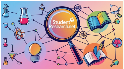 A magnifying glass over a network of student research topics in science and humanities