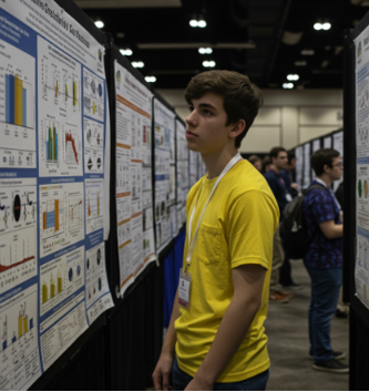 A high school student in a reflective pose, looking thoughtfully at a medical research poster at the Annual Medical Student Research Forum