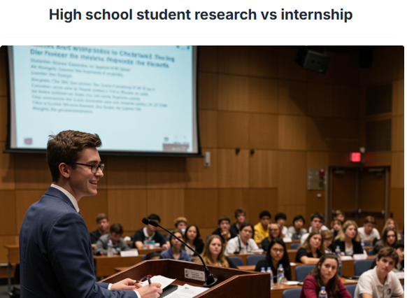 Student research vs. internship A high school student presenting his research findinngs to an audience