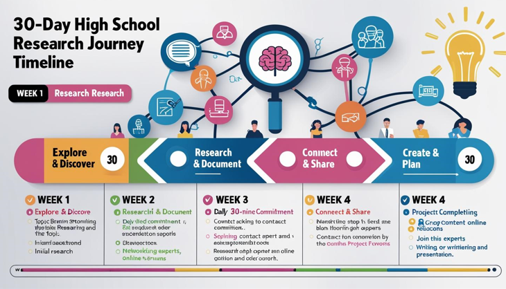 An infographic titled '30-Day High School Student Research Journey Timeline' showing the process of how students become involved in art history research, broken down into four weeks of exploration, research, connection, and creation