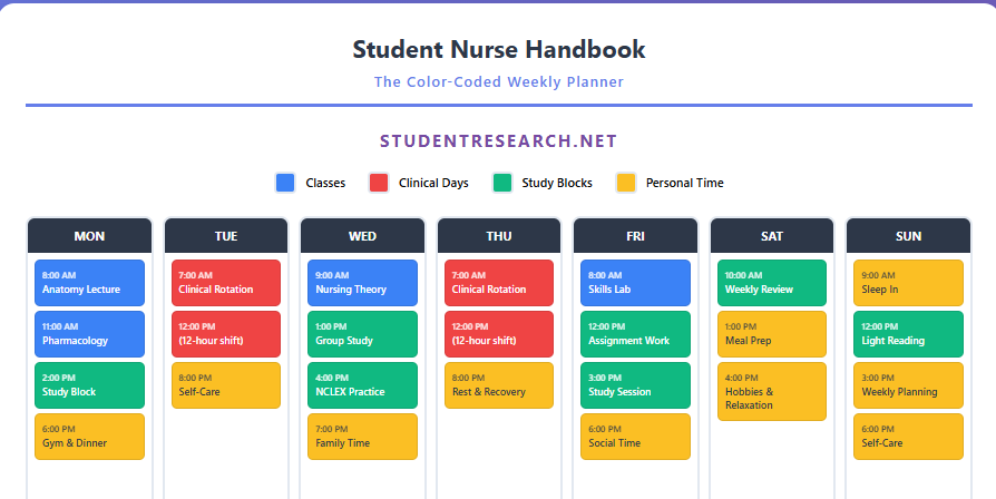 Student Nurse Handbook- The Color-Coded Weekly Planner.