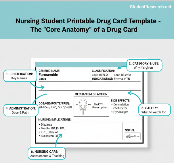 Nursing Student Printable Drug Card Template-The Core Anatomy of a Drug Card