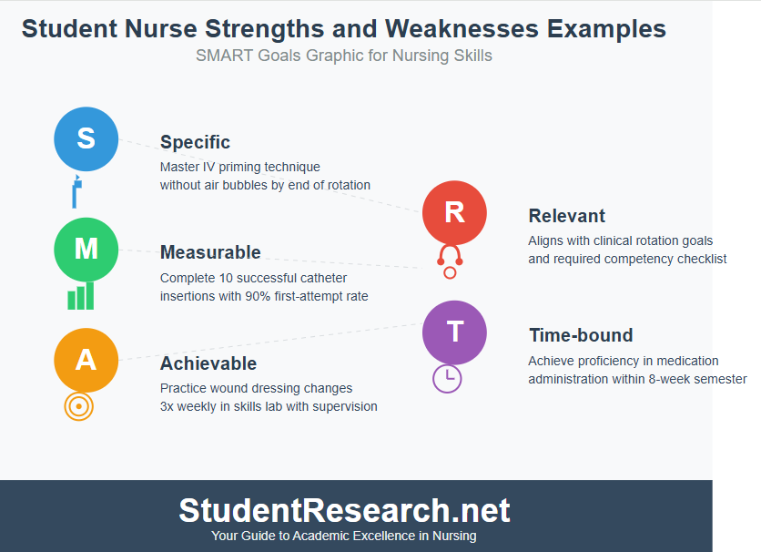Student Nurse Strengths and Weaknesses Examples-SMART Goals Graphic for Nursing Skills.