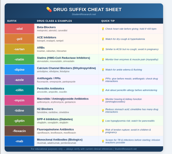 medication card for nursing students-Drug Suffix Cheat Sheet.