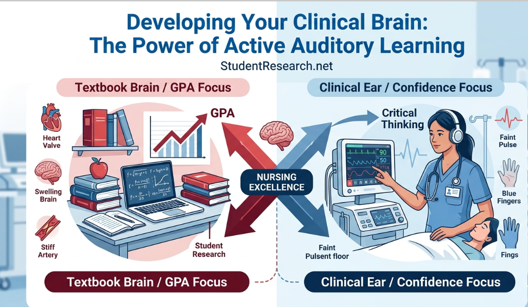 nursing podcasts for students-Clinical Ear vs Textbook Brain Conceptual Infographic.