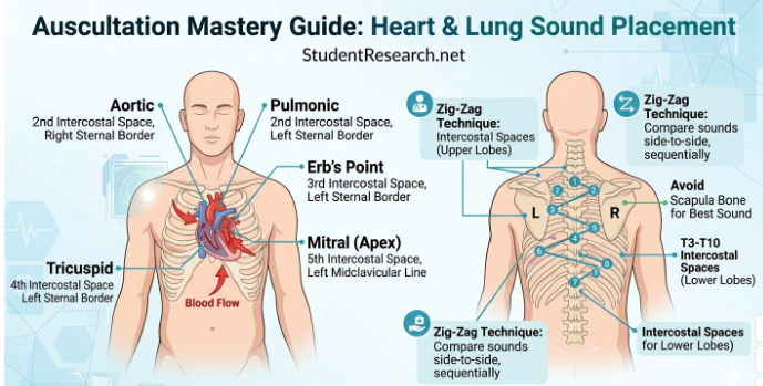 Best stethoscope for student nurses-Auscultation Mastery Guide Heart and Lung Sound Placement.