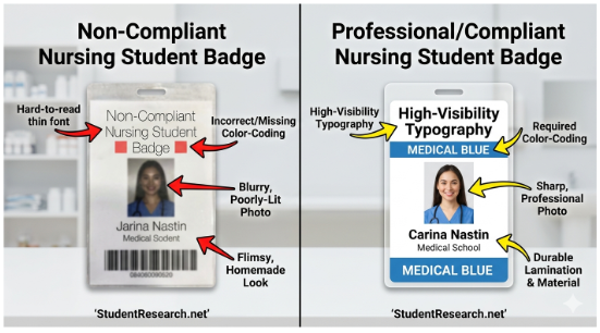 Nursing Student Badge-Professional vs  Non-Compliant Nursing Student Badge Comparison