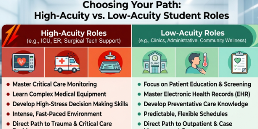 Nursing Student Jobs Las Vegas -Compare-and-Contrast Table of High-Acuity vs. Low-Acuity Student Roles.