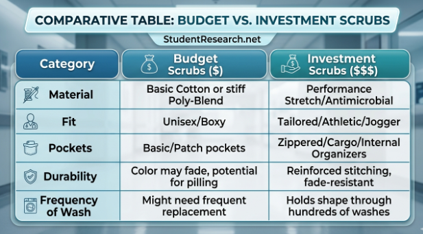 Scrubs For Nursing Students-Comparative Table  Budget vs. Investment Scrubs